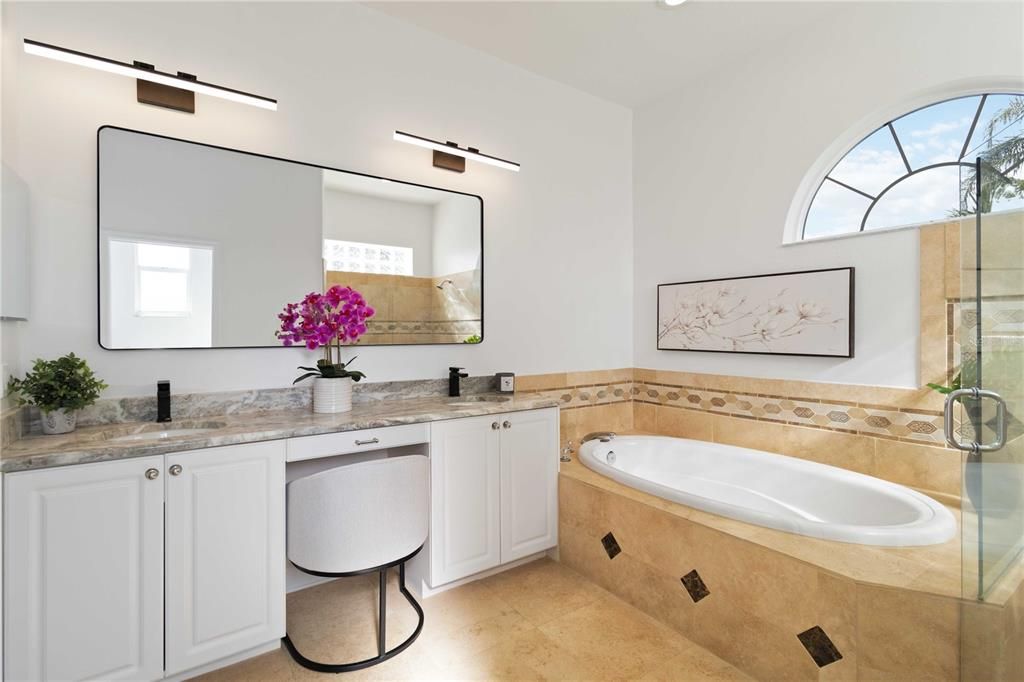 Dual sink vanity with updated lighting