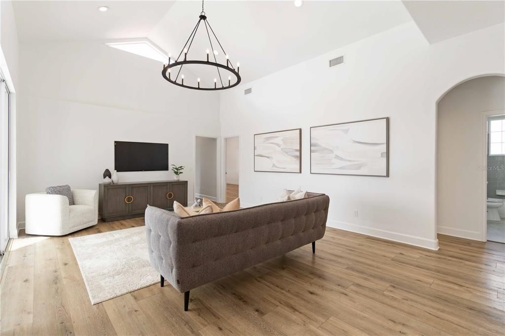 Family room with cathedral ceiling