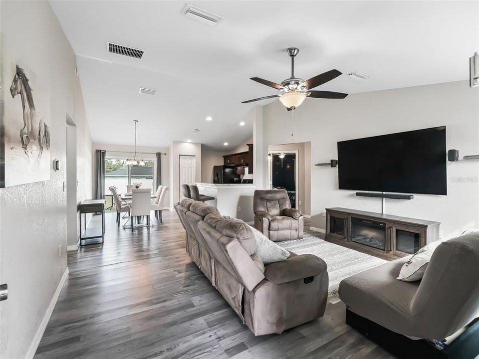 Open plan living room to kitchen