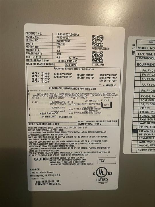 HVAC model information, and manufacturing date