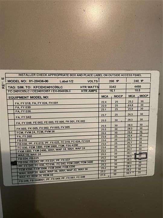 Electrical information on HVAC installation