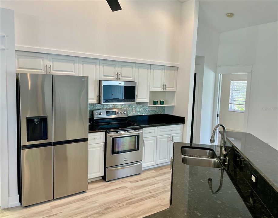 Stainless appliances and black granite counters