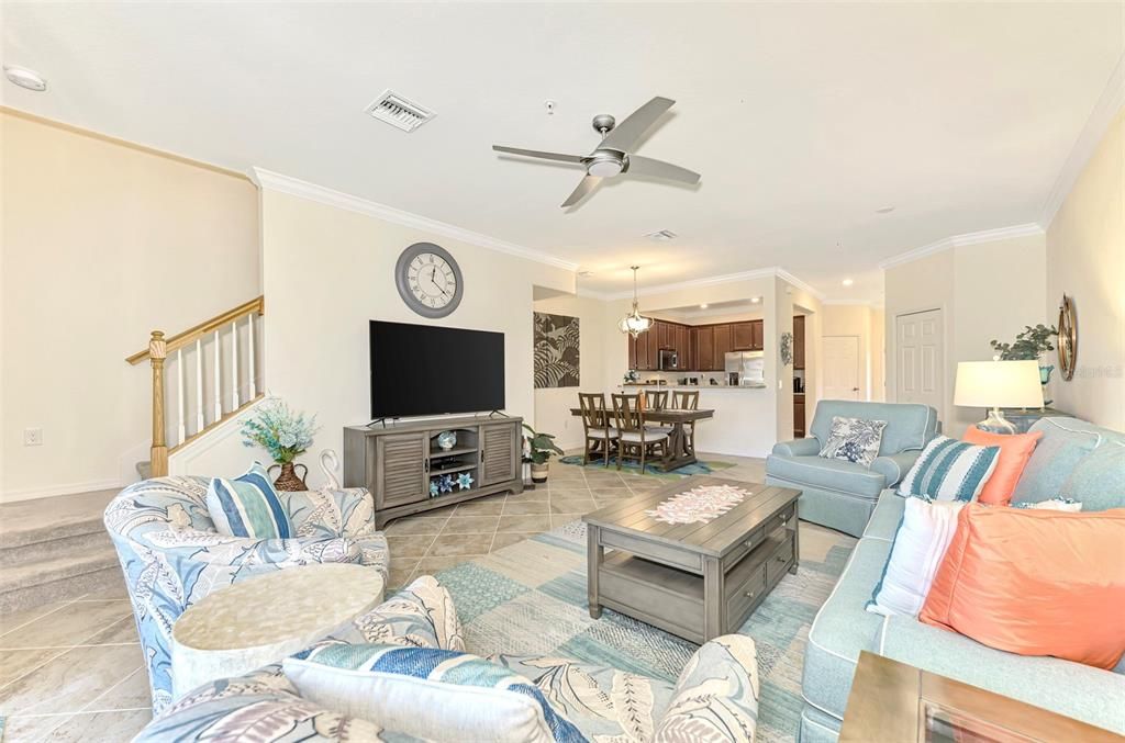 Spacious Living Room Looking Towards Dining Room & Kitchen