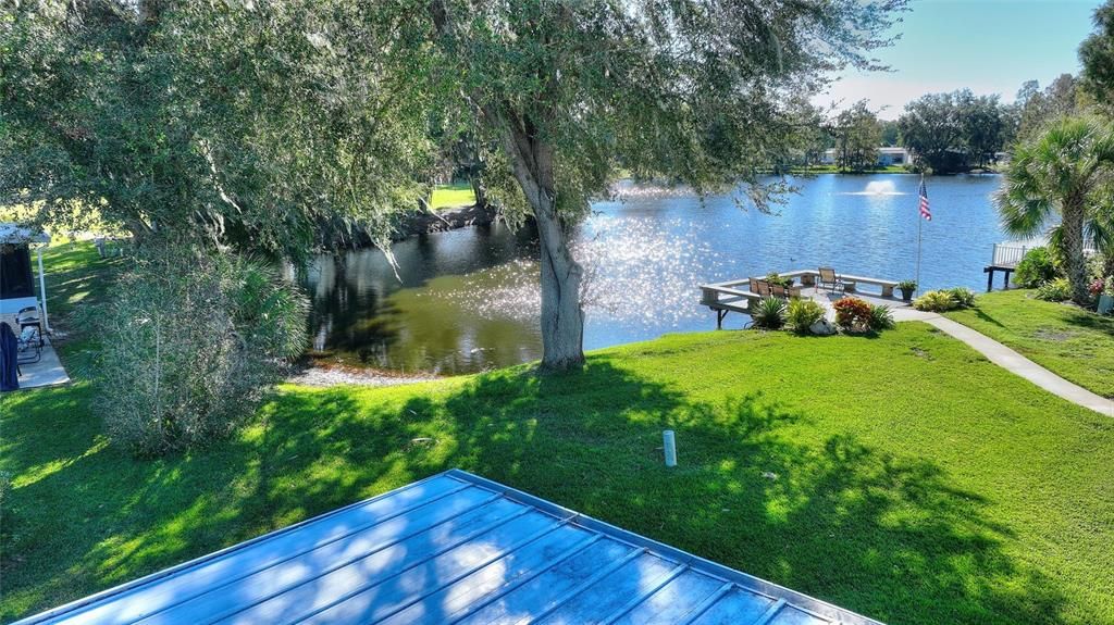 Backyard patio pond view