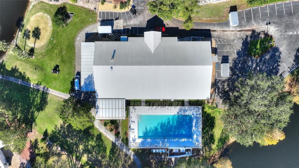 Ariel view of clubhouse with pool