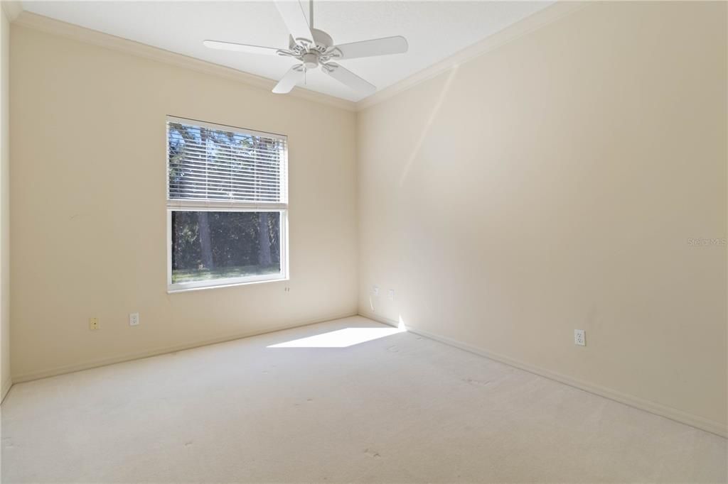 guest bedroom with a ceiling fan