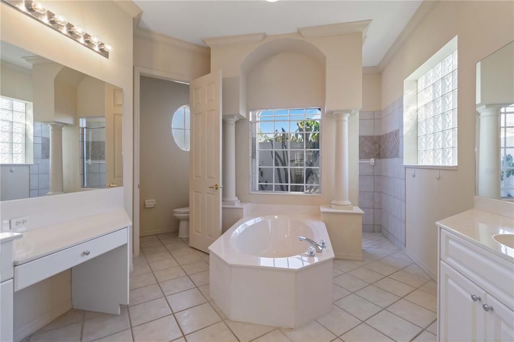 Main bathroom with garden tub, walk-in shower and dual sinks