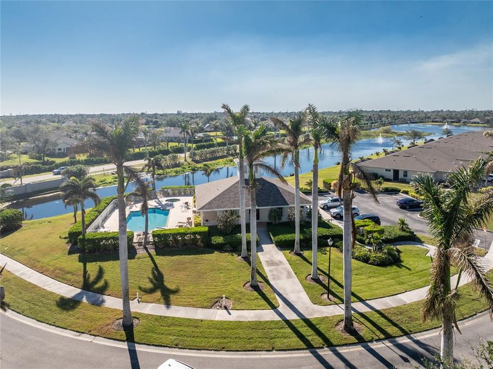 Aerial view of the clubhouse and pool!