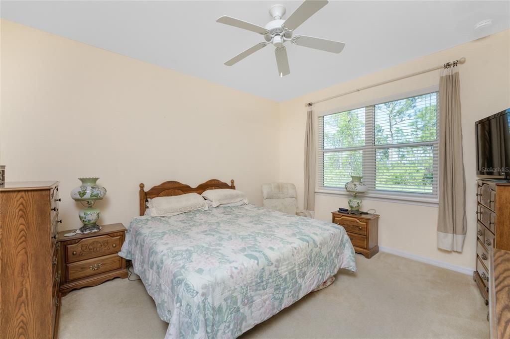 The master bedroom has carpeted flooring and a ceiling fan.