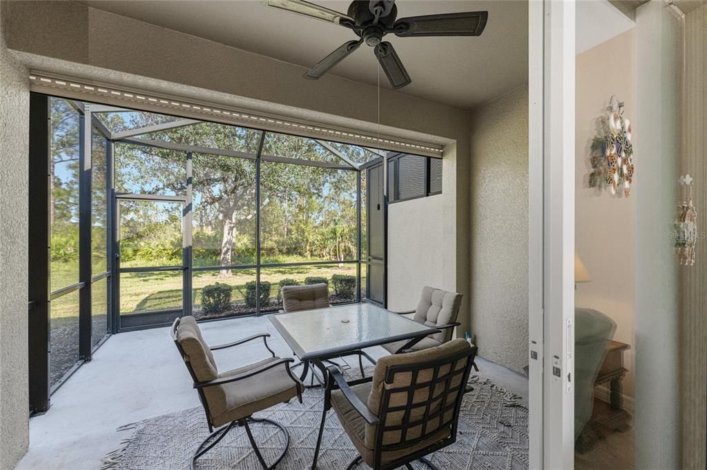 The lanai has a ceiling fan and a roll down ELECTRIC hurricane SHUTTER!