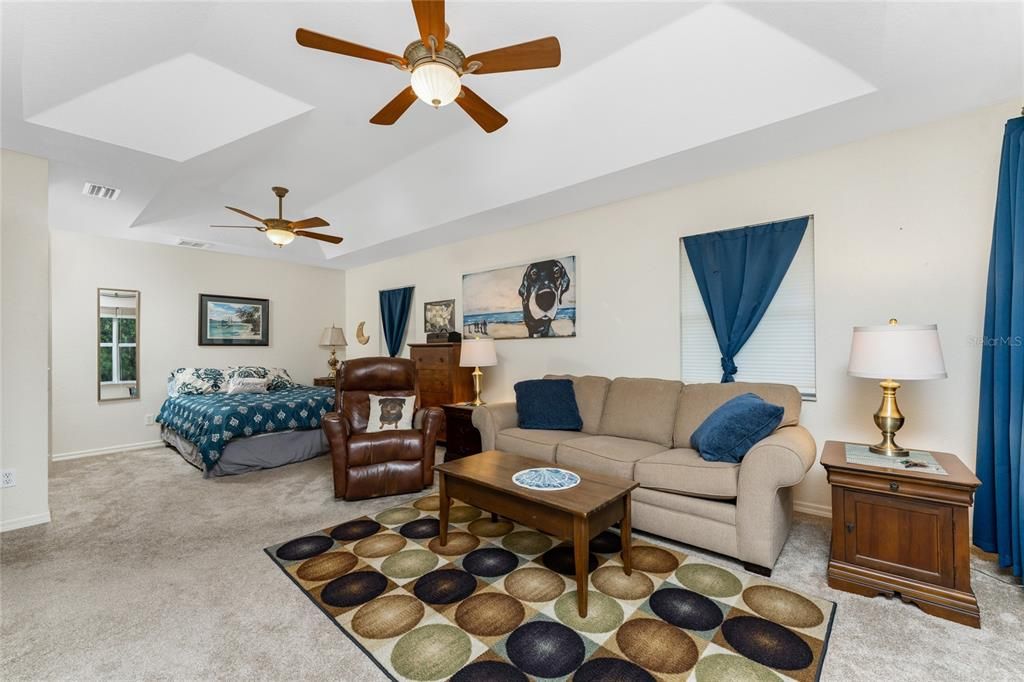 Master Suite #2 features a tray ceiling with 2 fans and updated carpeted flooring.