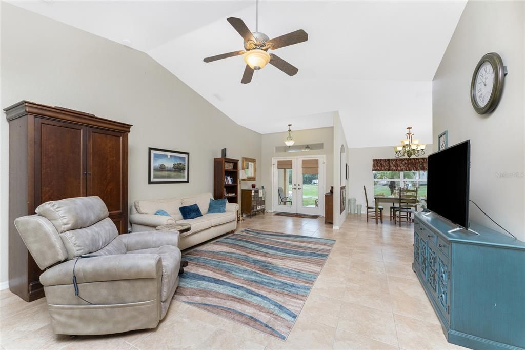 View from the sliding glass doors into the living area.