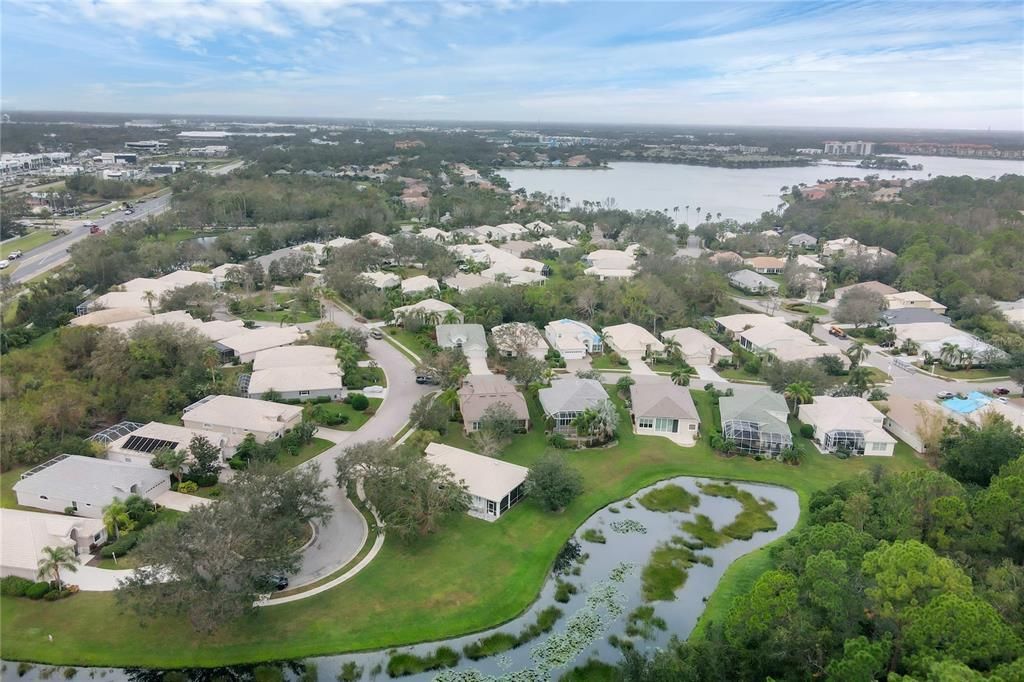 Aerial of the community pointing towards the main lake