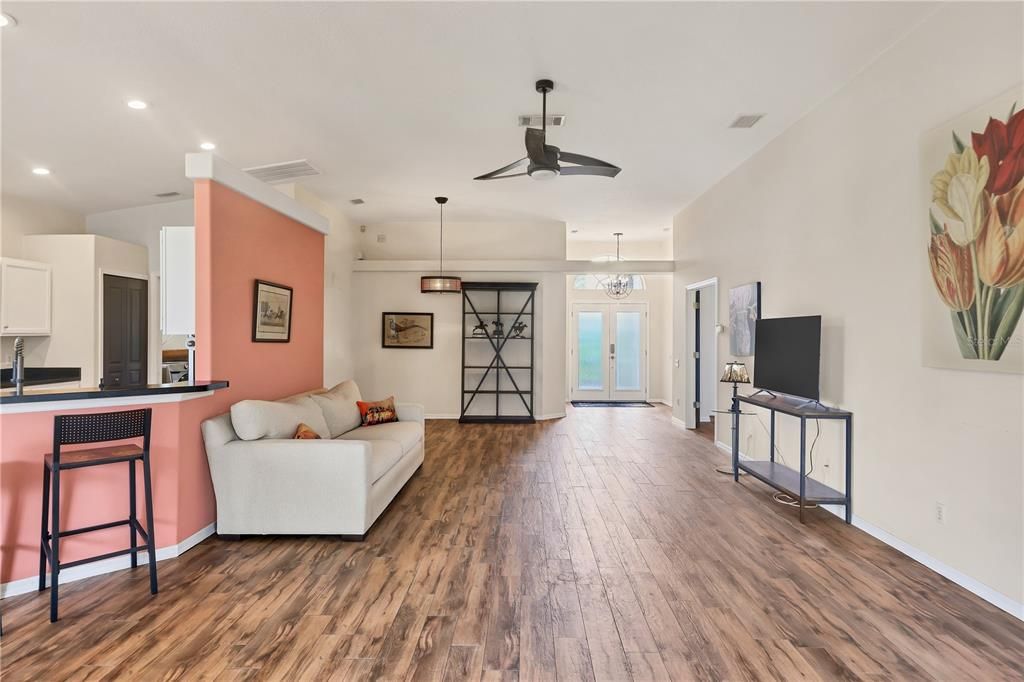 Dining room and living room are seamlessly connected.