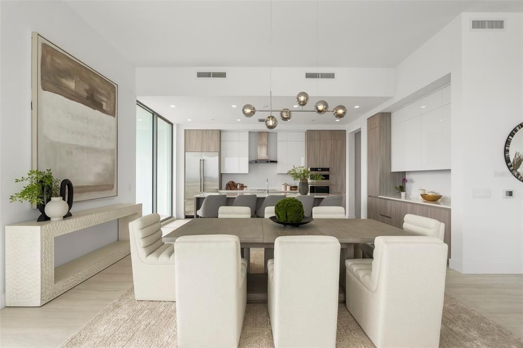 Dining area with designer chandelier