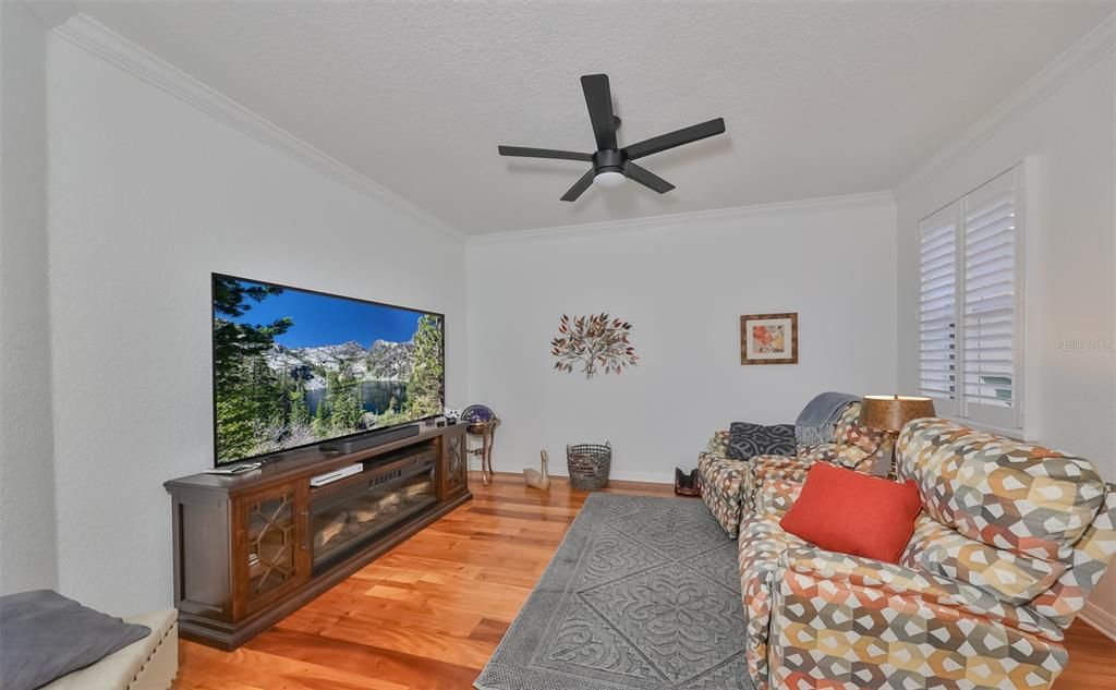 Den can be transformed into a movie, game, or card room! Entertain yourself or others in this large open area. The glass door, wood floors and custom ceiling fan only add interest and elegance to the room.