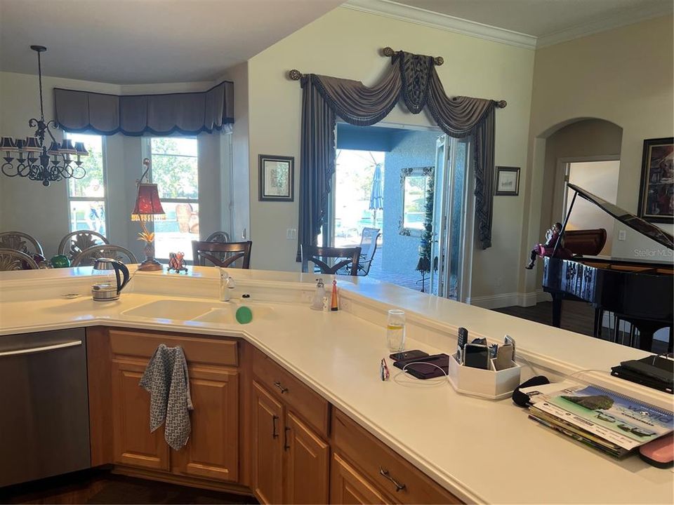 Kitchen with view to resort back pool area