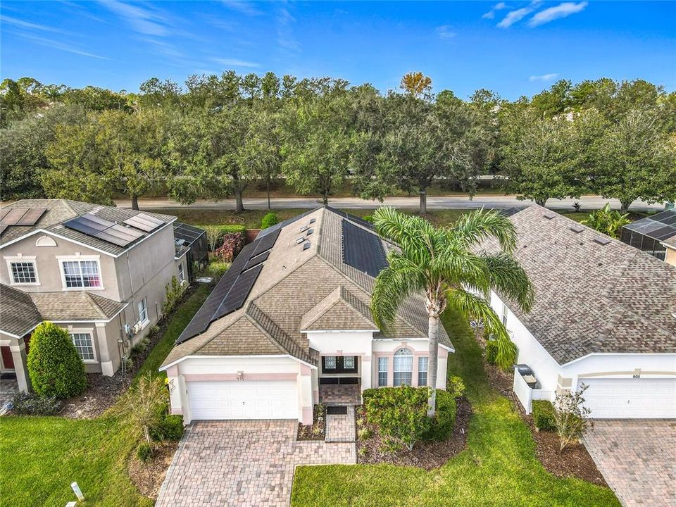 A Florida lifestyle home with a palm tree and a beautiful pool.