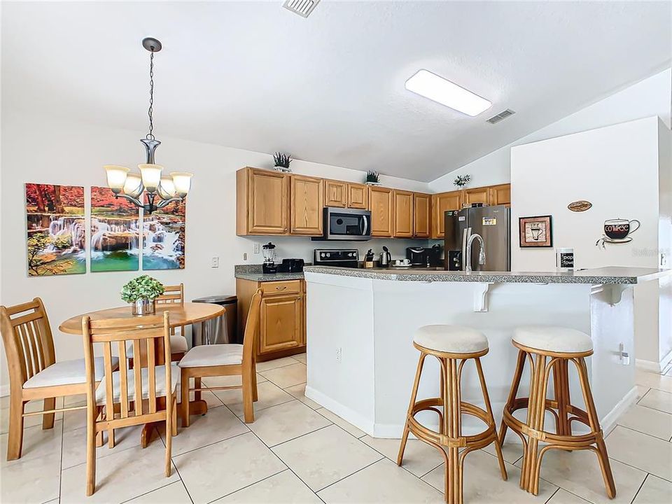 The tile floor will make for easy cleaning and the high ceilings provide the feeling of more space.