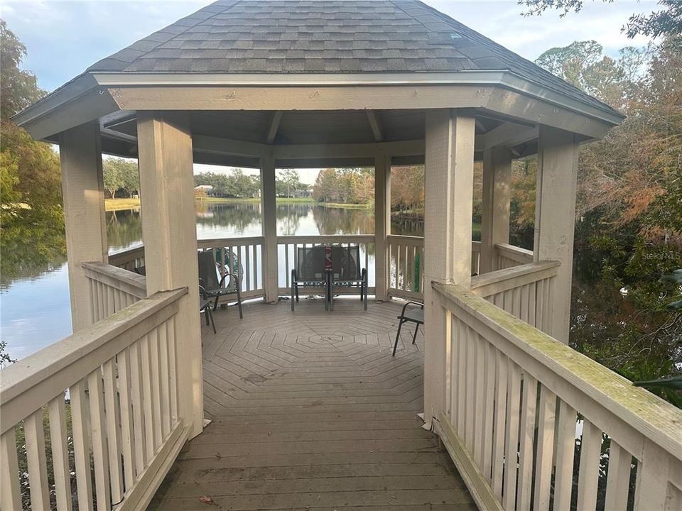 Community gazebo overlooking lake