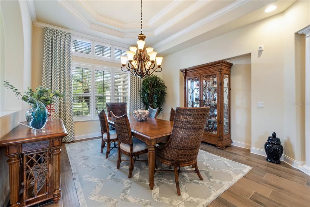 Large Windows w/{Plantation Shutters & Custom Drapes, plus Built-in Hutch