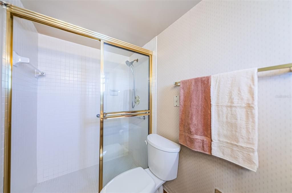 Primary bathroom with walk in shower and grab bars