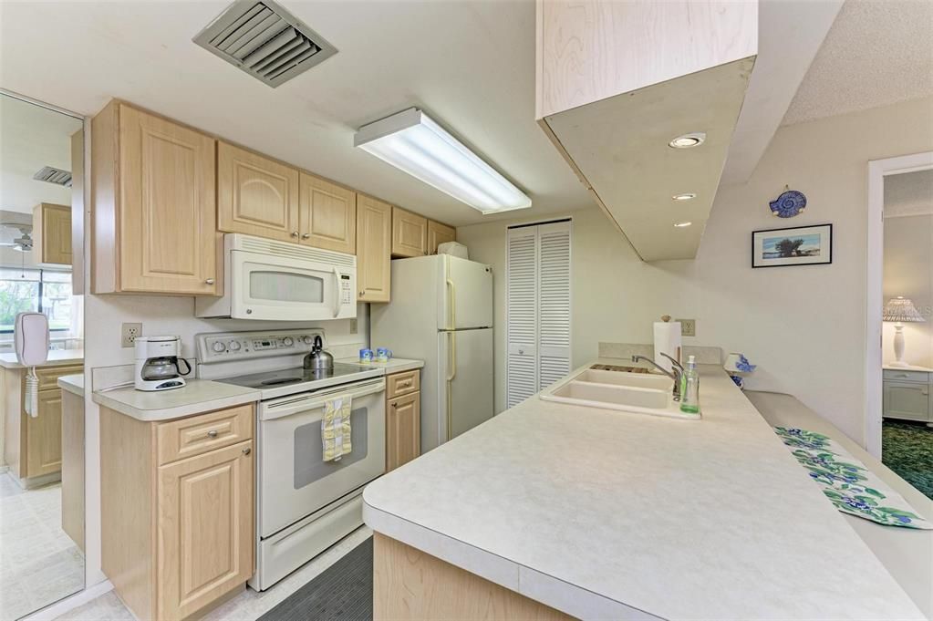 Light Kitchen Cabinets.  Popcorn removed from Ceiling.