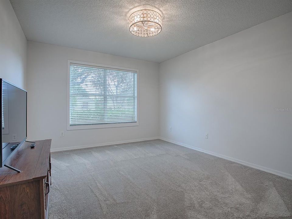 GUEST ROOM WITH NEW CARPET, FAUX WOOD BLINDS, AND NEW FIXTURE WITH FAN.