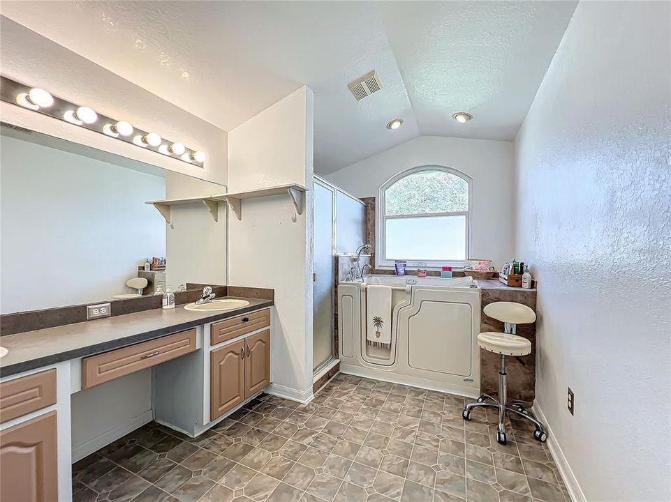 Master bathroom with double vanity and walk in tub