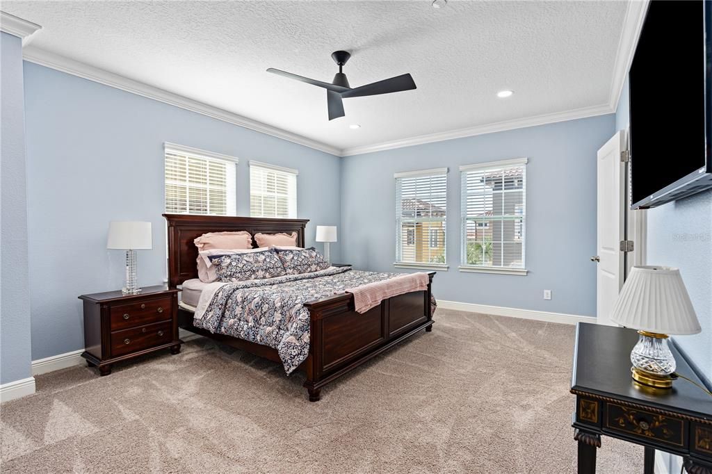 Very large 3rd floor primary bedroom with LED dimmable can lights, new ceiling fan, crown molding and lots of natural light