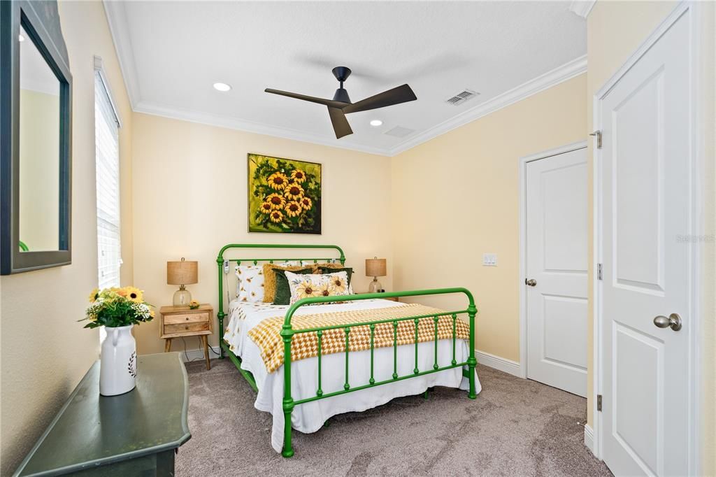 Bedroom 3 with LED dimmable ceiling lights, new ceiling fan and crown molding