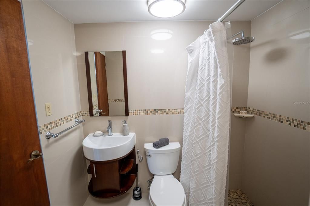 studio bathroom with walk in shower