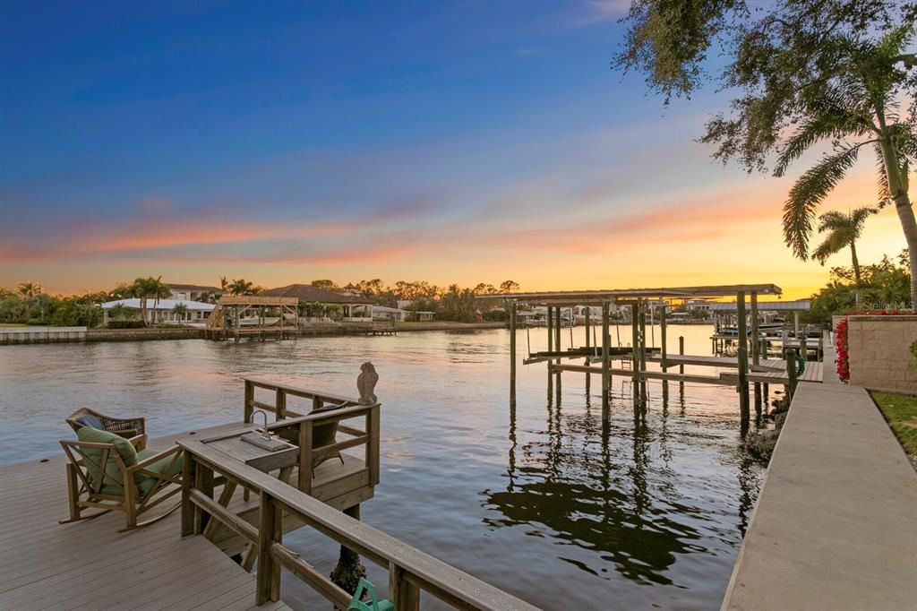 Private dock seating at sunset