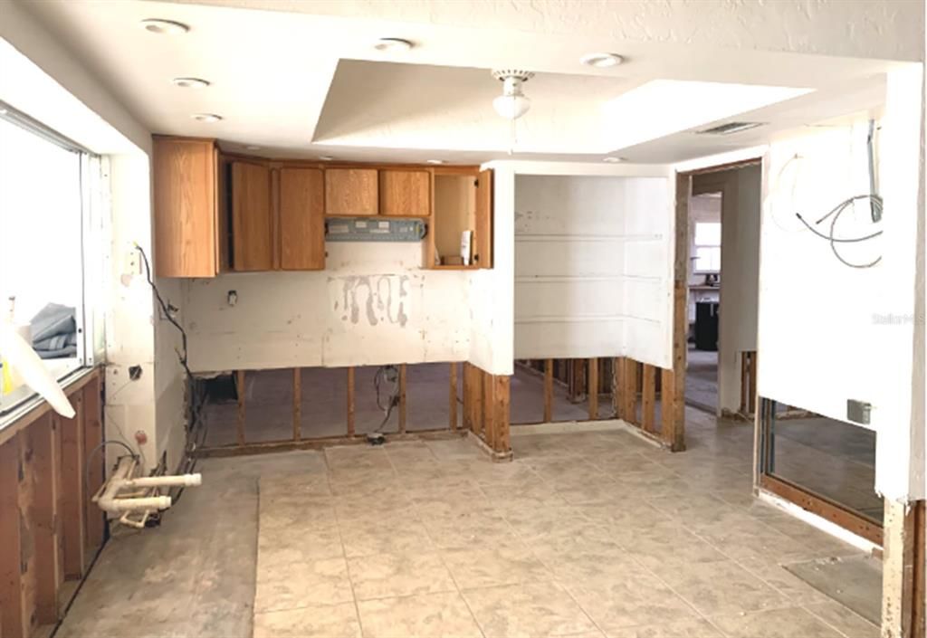 Kitchen area with large pantry