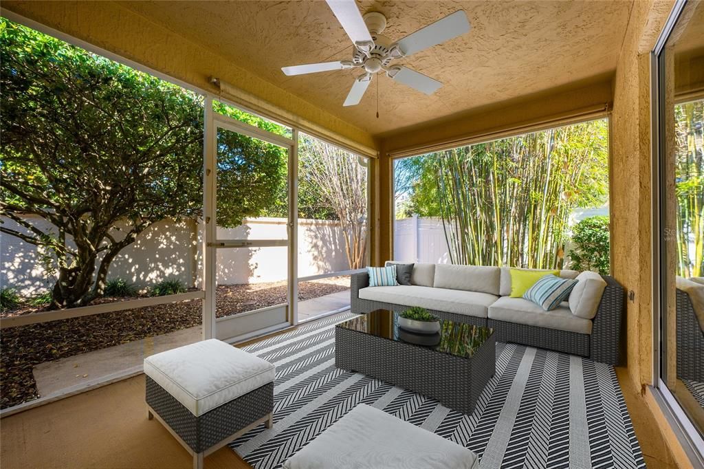 Plantation shutters on the windows add a touch of charm and sliding glass doors open up to a SCREENED LANAI for those who enjoy indoor/outdoor living and entertaining. Virtually Staged.