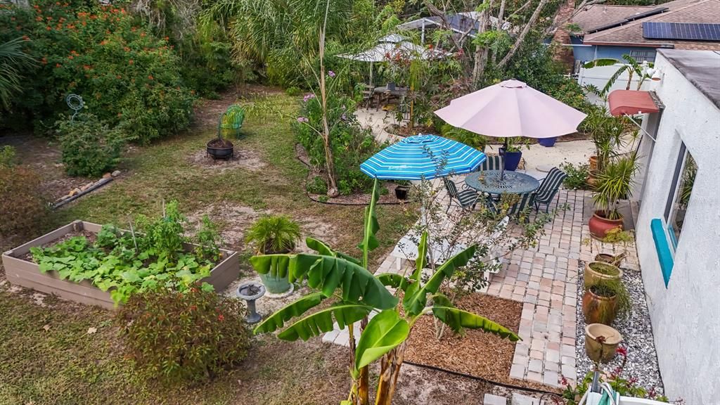 Aerial Backyard View of Patio & Garden