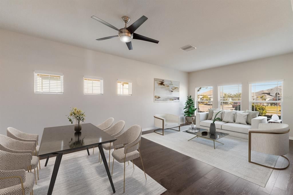 Make this room your own. Perfect for a formal dining and living room.  Staged photo.