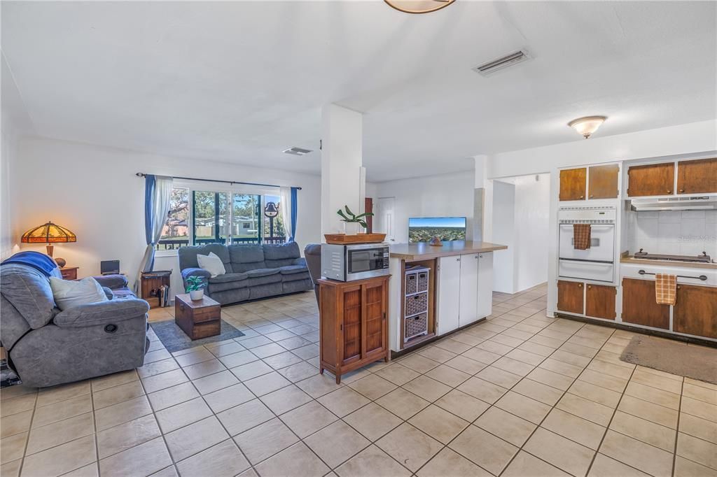 Kitchen and living room.