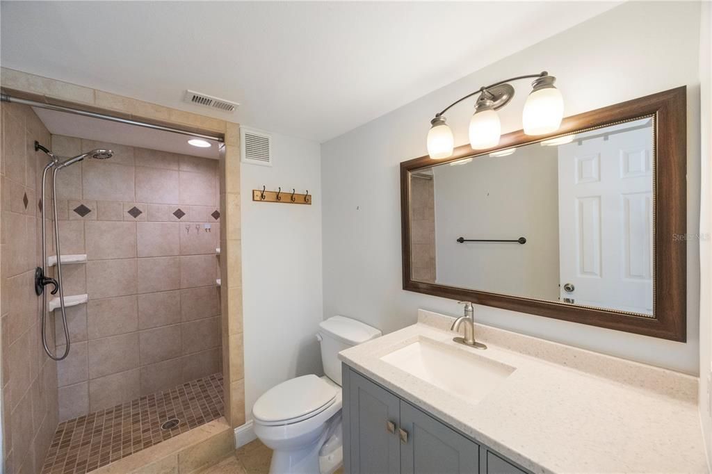 Back bedroom bath with walk-in shower, new vanity