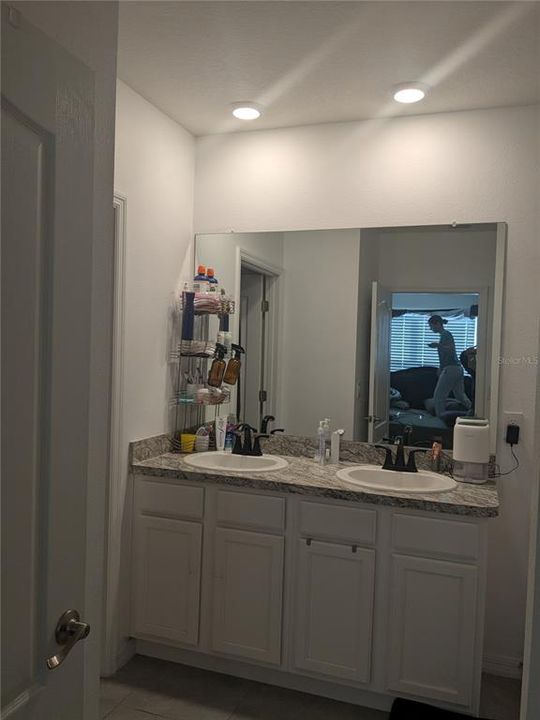 vanity in primary bath and a huge walk in closet