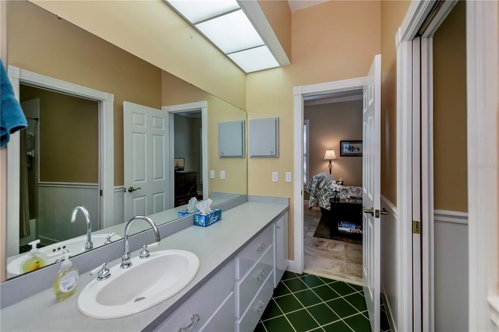 Guest bathroom is accessible from the hall and rear guest bedroom.