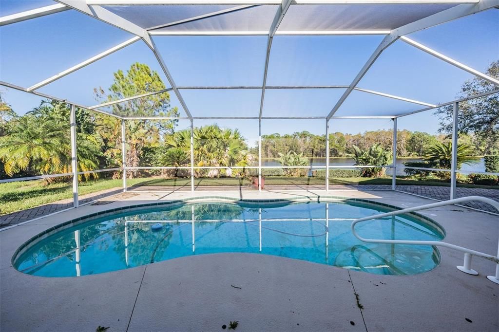 A screened in lanai with a pool and pond view to make your own!