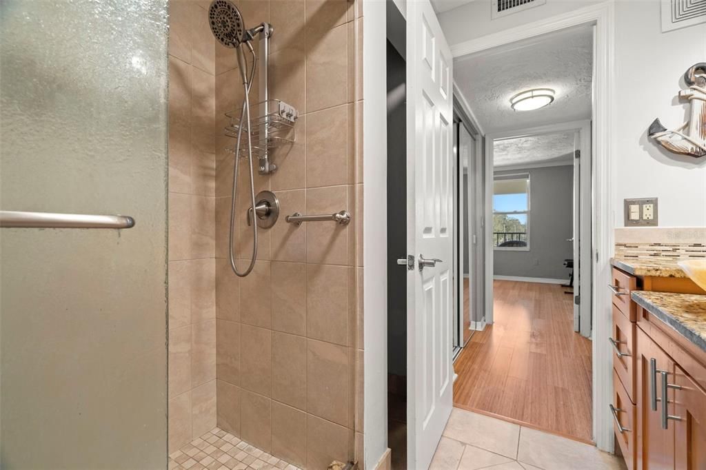 Bathroom with view toward bedroom.