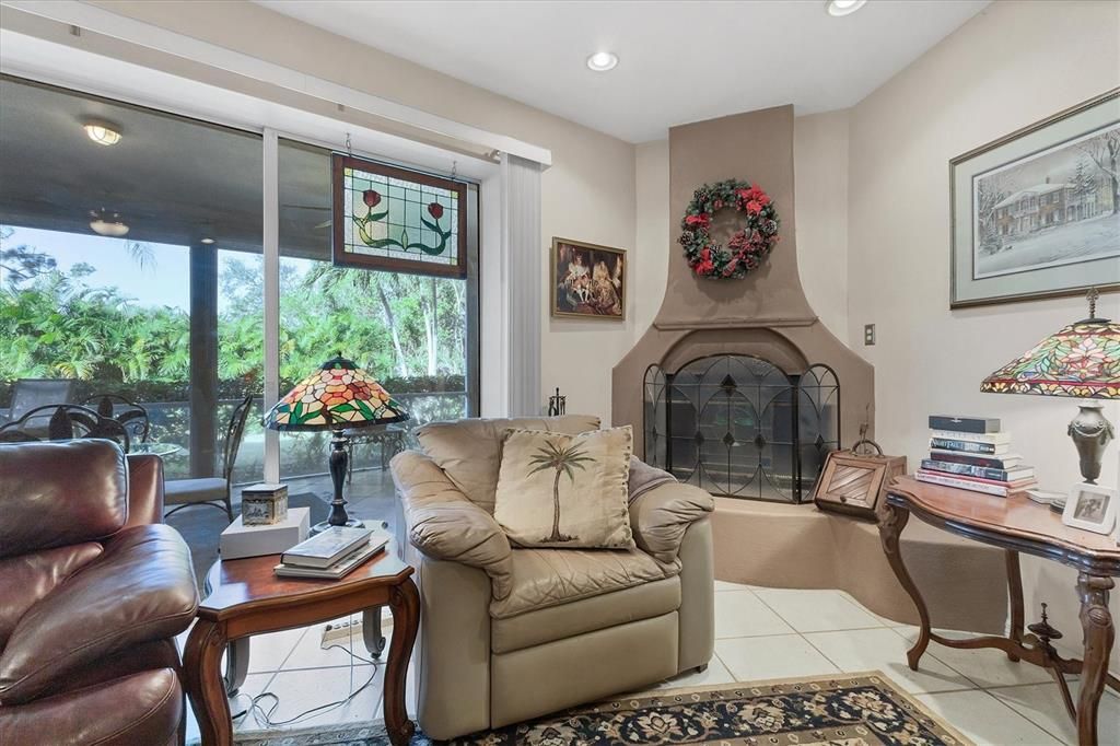 Living room and wood burning fireplace