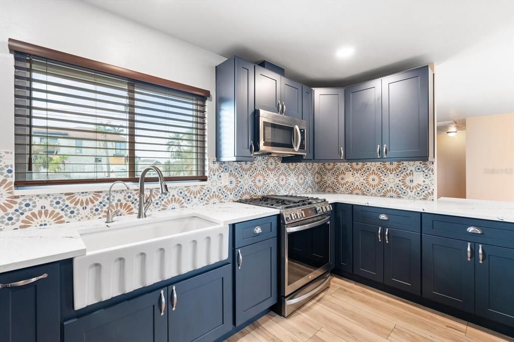 Kitchen with farm sink