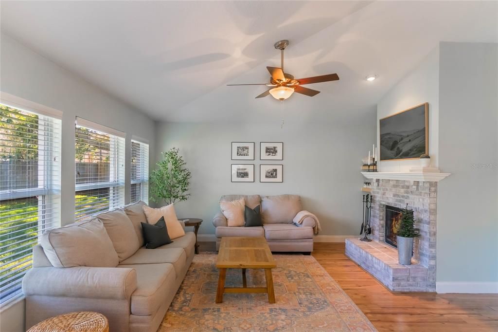 Living Room with Wood Burning Fireplace