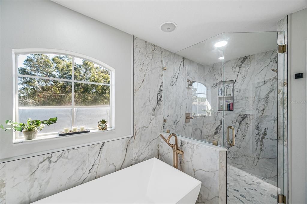 Dual shower heads in walk-in shower, modern soaker tub