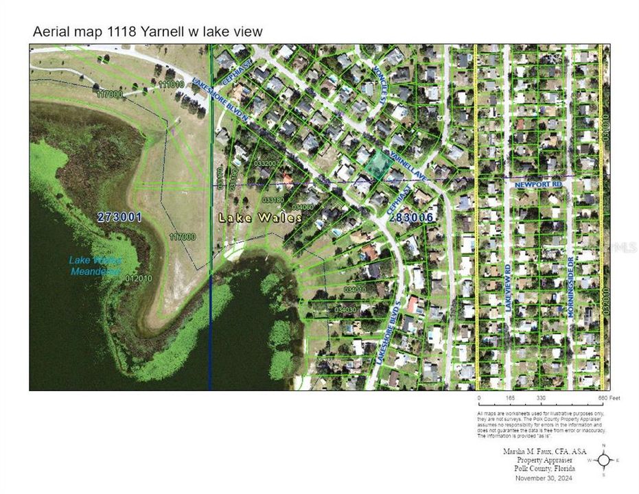 Aerial map of 1118 Yarnell Ave showing Lakeshore Blvd and Lake Wales Lake