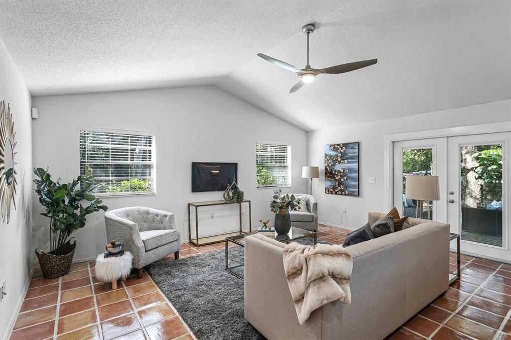 Vaulted ceilings and a ceiling fan