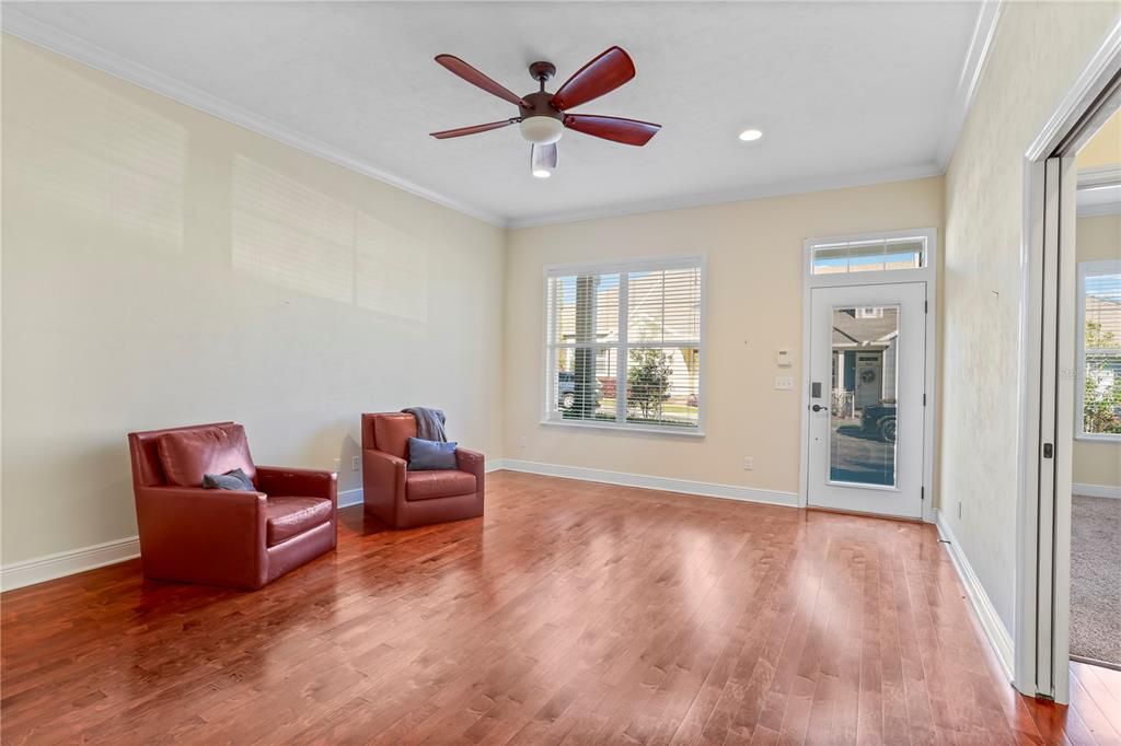 Doorway to living room has a pocket door to help keep the noise down and also provide privacy for the front bedroom occupants.